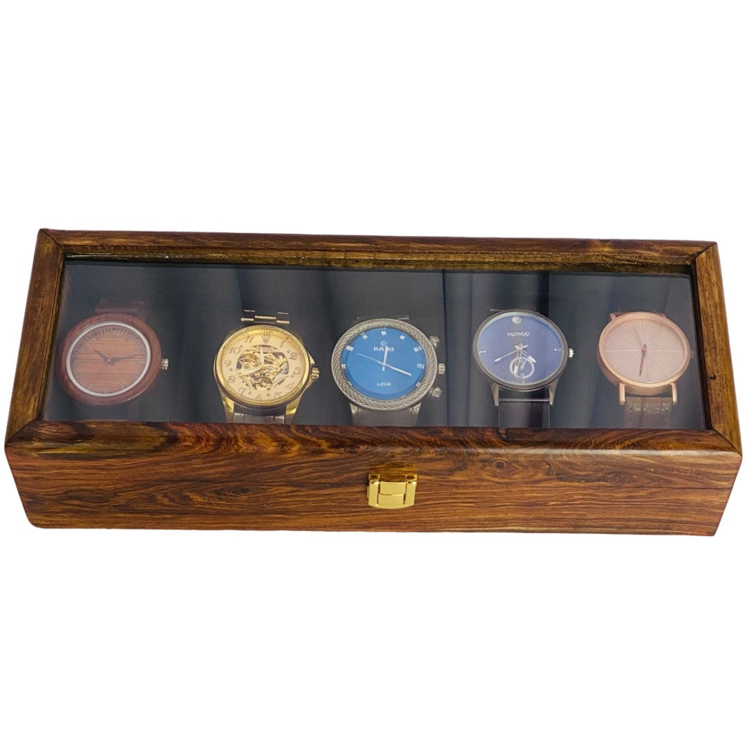Luxury wooden watch box for five watches with glass top and soft velvet lining.