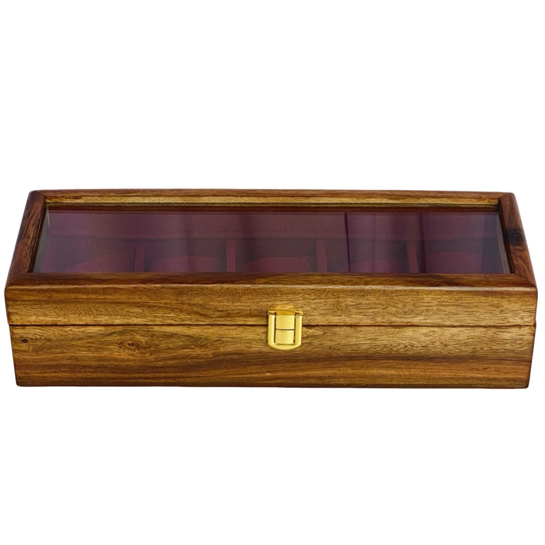 "Luxury wooden watch box for five watches with glass top and soft velvet lining"