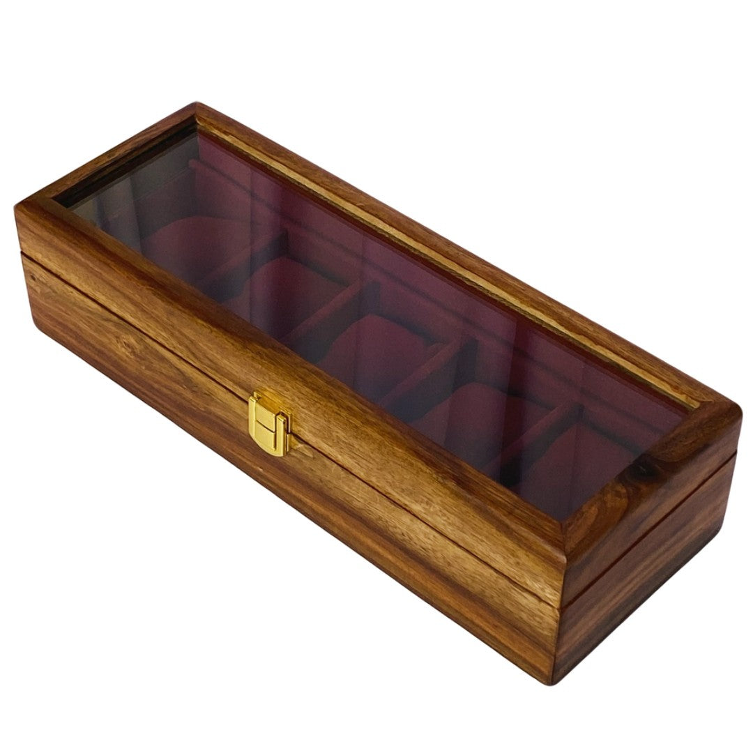 "Luxury wooden watch box for five watches with glass top and soft velvet lining"