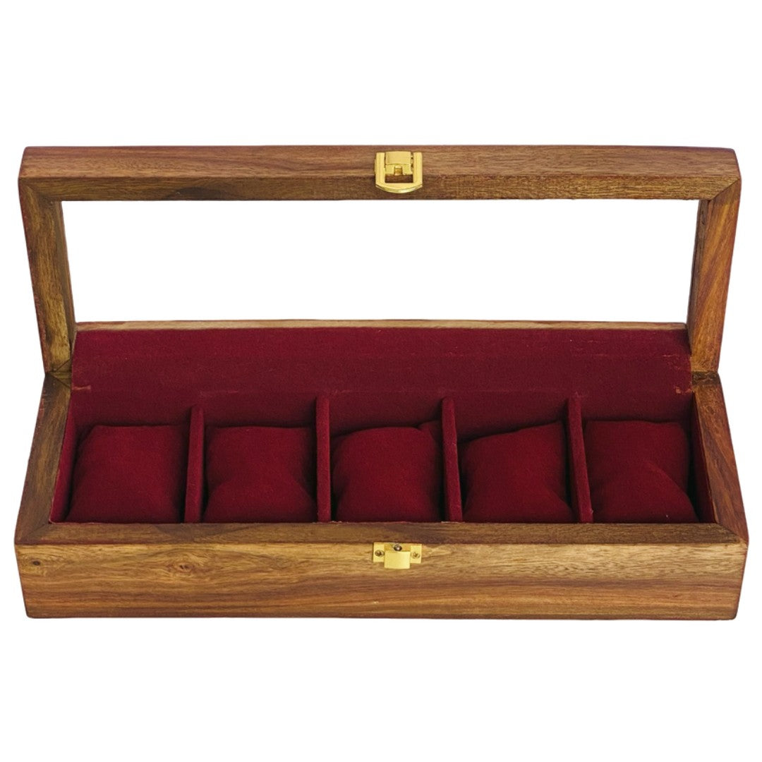 "Luxury wooden watch box for five watches with glass top and soft velvet lining"