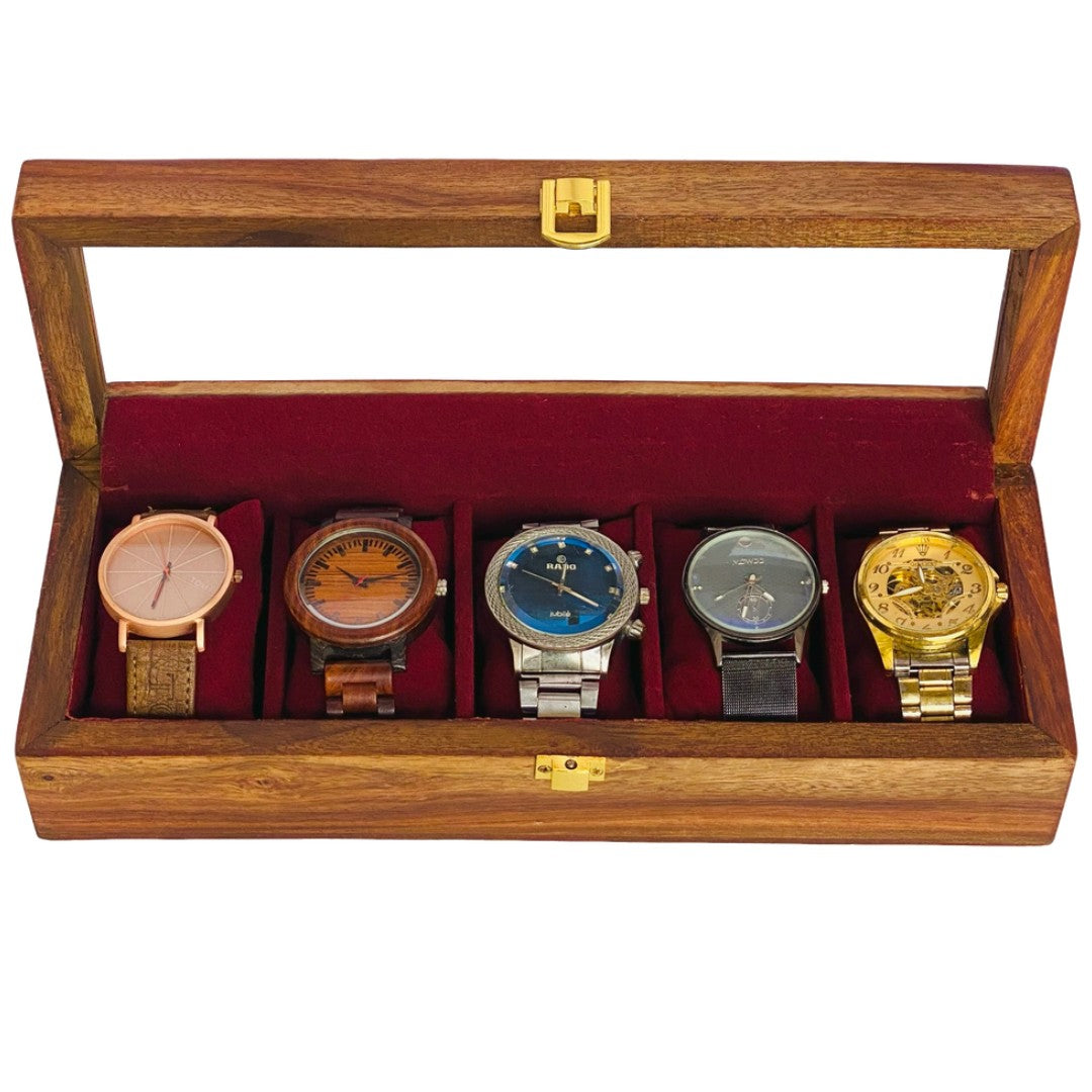 "Luxury wooden watch box for five watches with glass top and soft velvet lining"