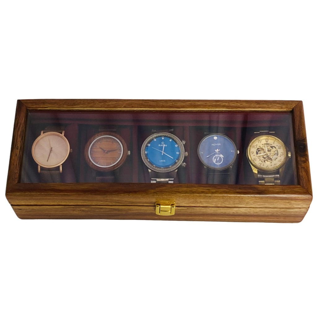 "Luxury wooden watch box for five watches with glass top and soft velvet lining"