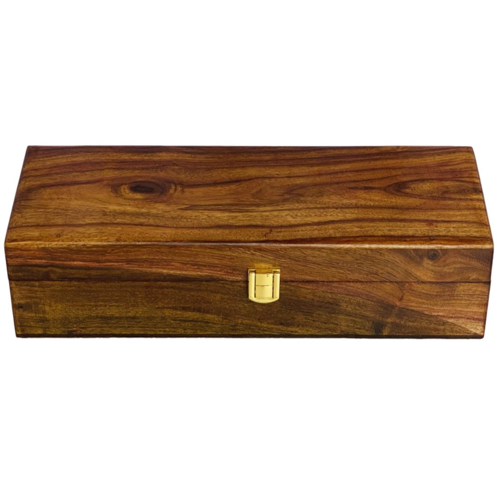 Wooden watch box with polished wood top for five watches – elegant storage organizer.