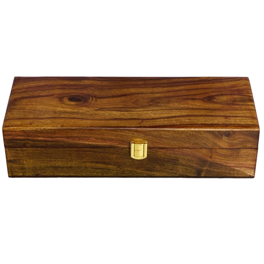 Wooden watch box with polished wood top for five watches – elegant storage organizer.
