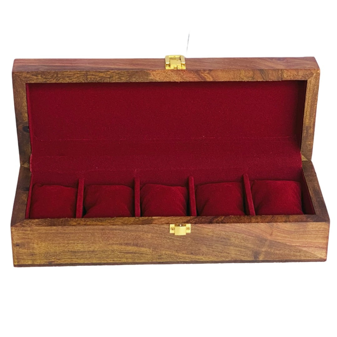 Wooden watch box with polished wood top for five watches – elegant storage organizer.