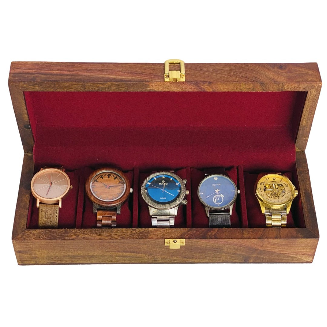 Wooden watch box with polished wood top for five watches – elegant storage organizer.