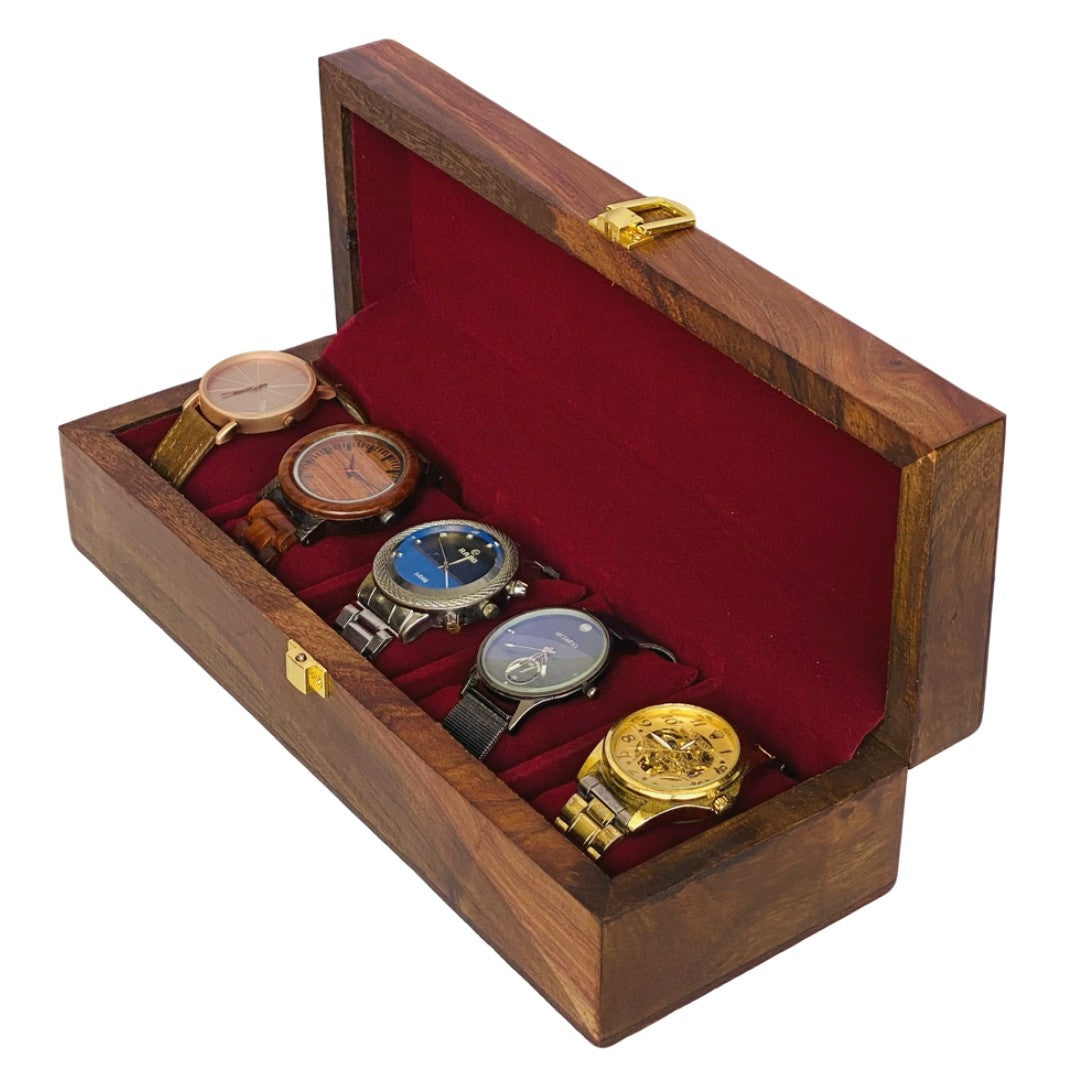Wooden watch box with polished wood top for five watches – elegant storage organizer.
