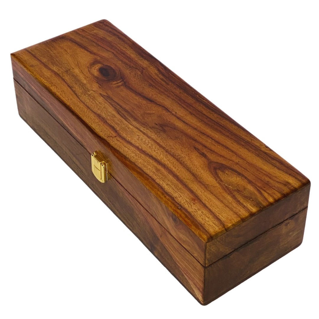 Wooden watch box with polished wood top for five watches – elegant storage organizer.