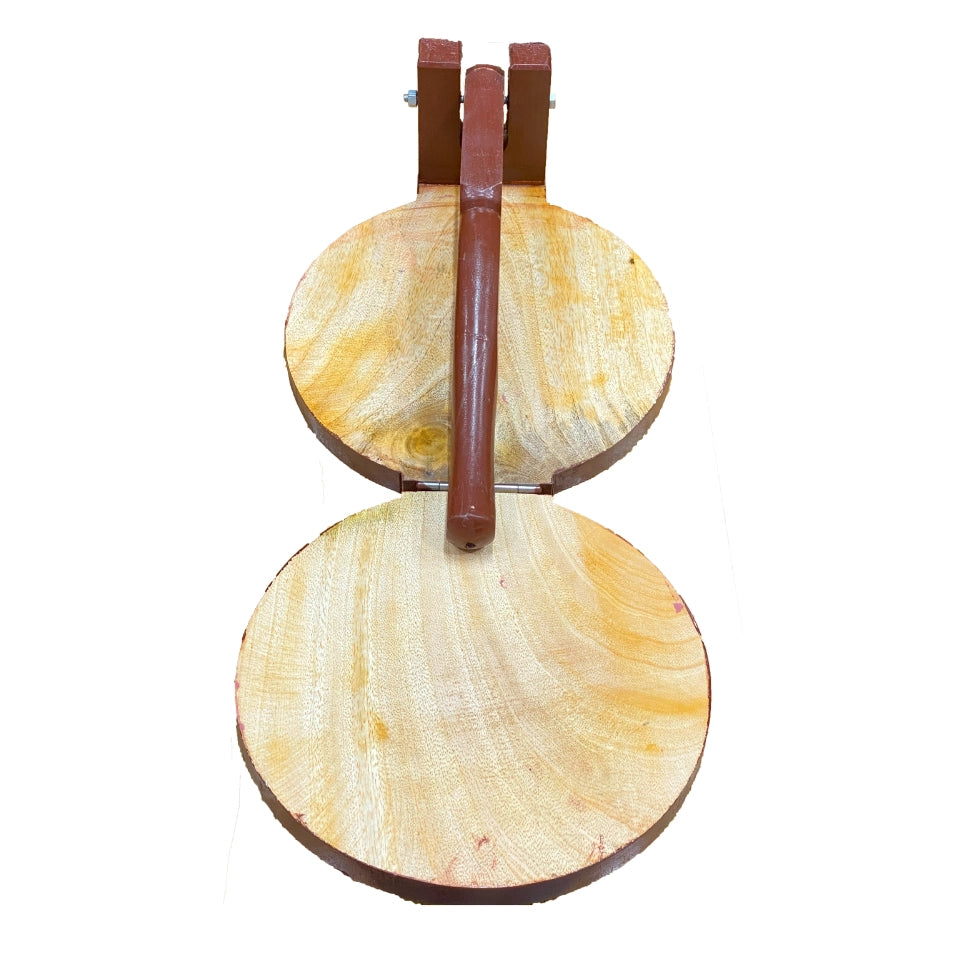 Traditional wooden roti maker with circular press plate and lever handle, handcrafted from rich brown wood for making fresh flatbreads